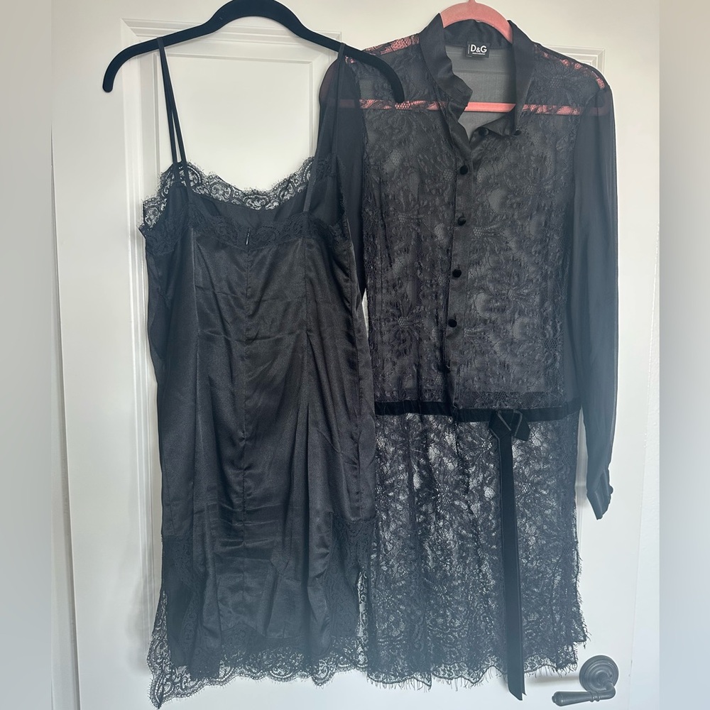 D&G Dolce&Gabbana black lace dress w/ silk camisole slip dress Italian size 42 - Picture 8 of 13
